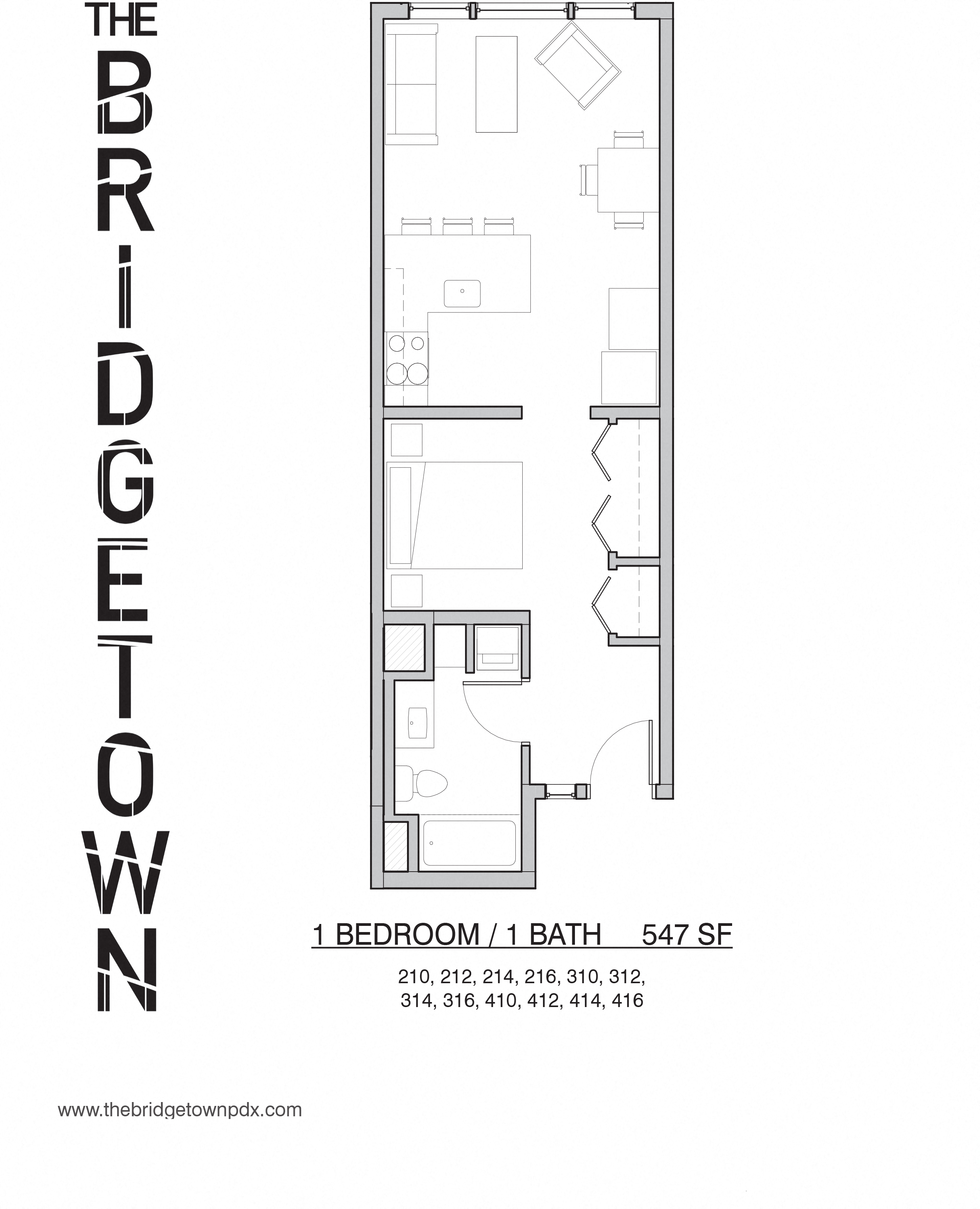 Floor plan for 1 bed, 1 bath, 547 sqft